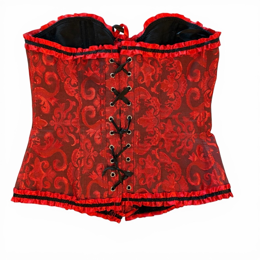 Red Brocade Strapless Corset Bustier with Ribbon Trim - Picture 4 of 11